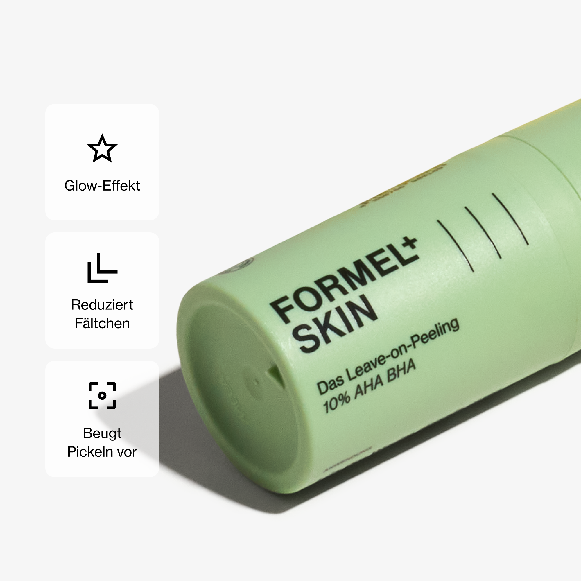 Das Leave-on-Peeling 10% AHA BHA mit drei Hauptvorteilen: Glow-Effekt, Reduziert Fältchen und Beugt Pickeln vor, dargestellt durch Icons und kurze Beschreibungen.
