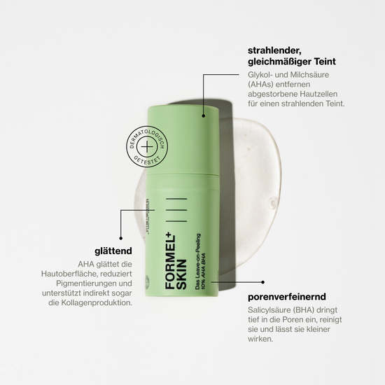 Übersicht der Hauptwirkstoffe: Glykol- und Milchsäure (AHAs) und Salicylsäure (BHA) mit Beschreibung ihrer Hautpflegevorteile.
