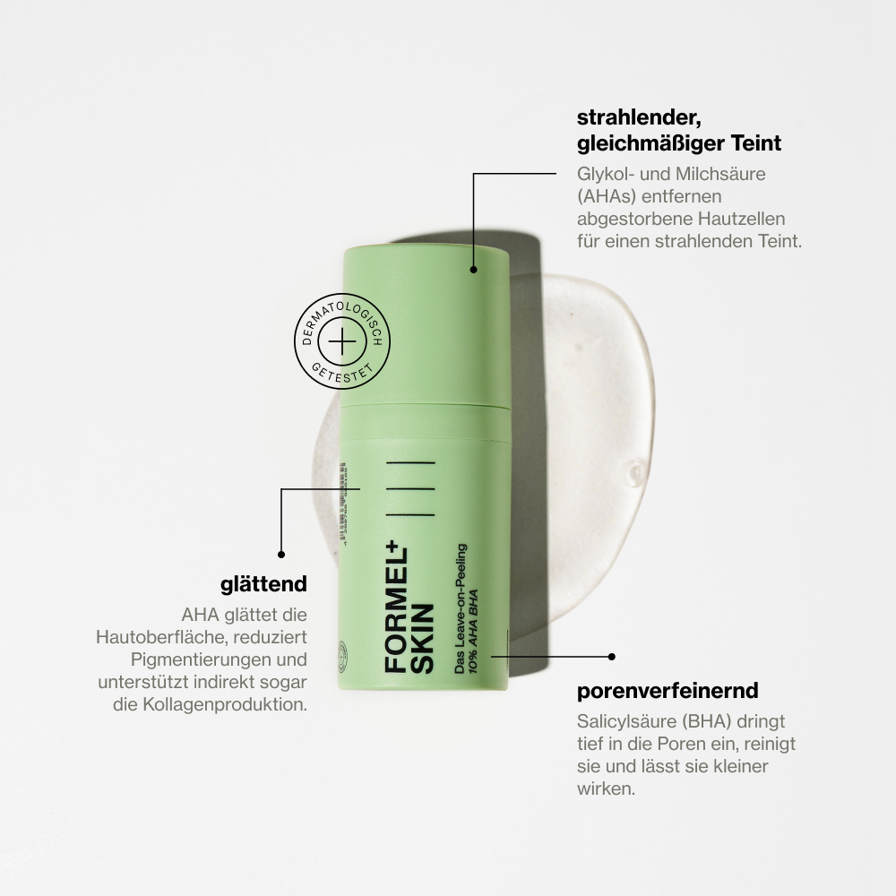 Übersicht der Hauptwirkstoffe: Glykol- und Milchsäure (AHAs) und Salicylsäure (BHA) mit Beschreibung ihrer Hautpflegevorteile.